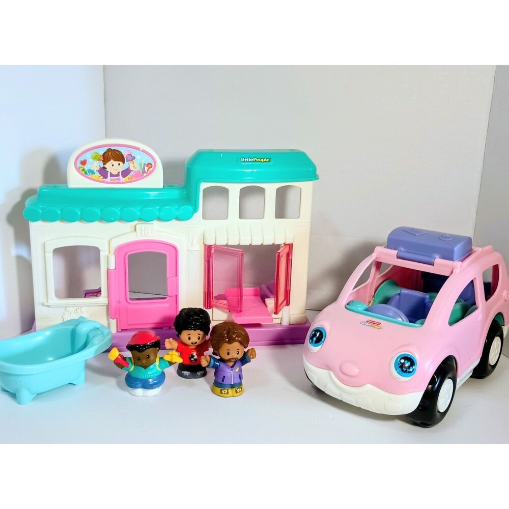 Fisher-Price Little People Playset Lot House/Building Pink Car Vehicle 3 Figures